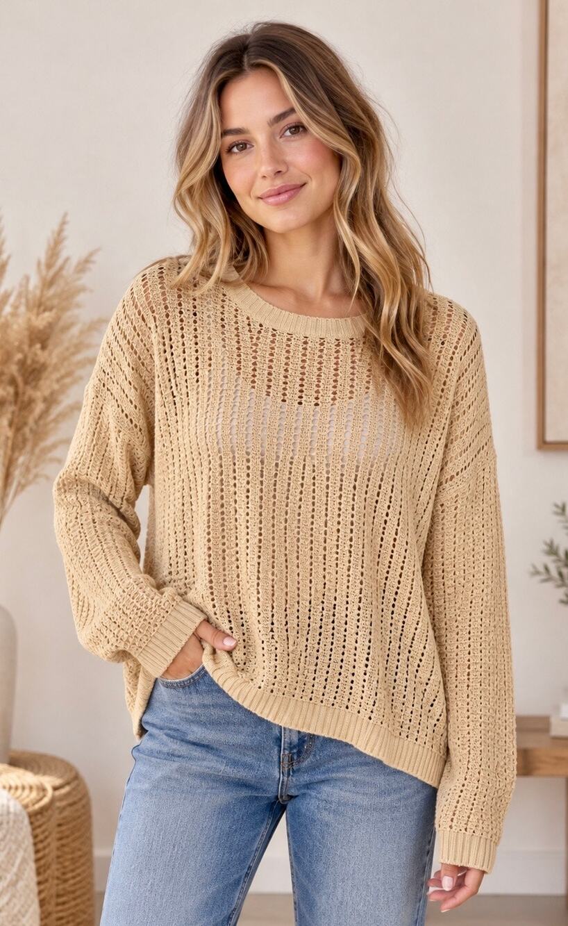 Easel Los Angeles Beige Open Knit Crochet Sweater Womenβs Medium